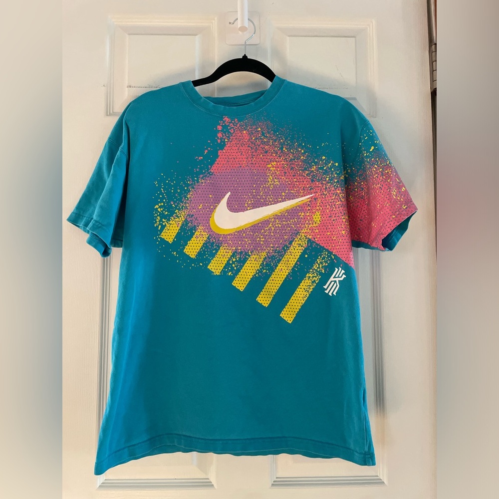 Nike Vintage Teal Graphic Swoosh Tee with Pink and Yellow Accents